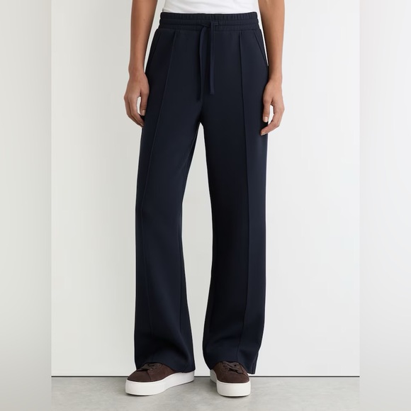 REISS Bella Premium Interlock Wide-Leg Joggers in Navy Size Large